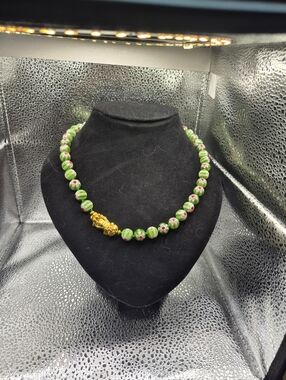 Green Murano Style Floral Bead Necklace with Gold Accent - Women Jewelry